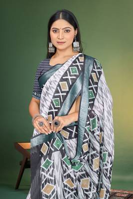 White Digital Printed Saree With Blouse Piece  1