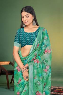  Green Digital Printed Saree With Blouse Piece  1