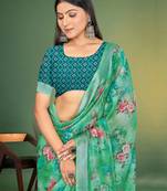  Green Digital Printed Saree With Blouse Piece 