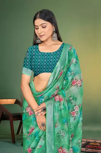  Green Digital Printed Saree With Blouse Piece 