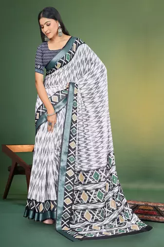 White Digital Printed Saree With Blouse Piece 