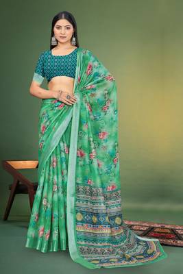  Green Digital Printed Saree With Blouse Piece  3