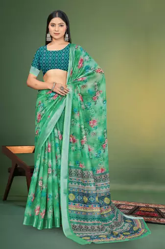  Green Digital Printed Saree With Blouse Piece 