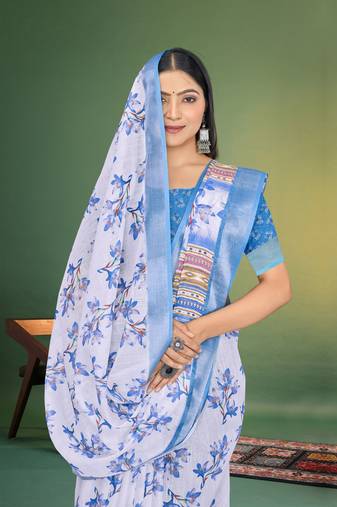  White and Blue Digital Printed Saree With Blouse Piece 
