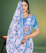  White and Blue Digital Printed Saree With Blouse Piece 