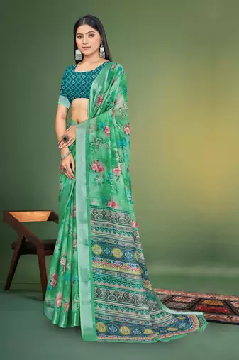  Green Digital Printed Saree With Blouse Piece 