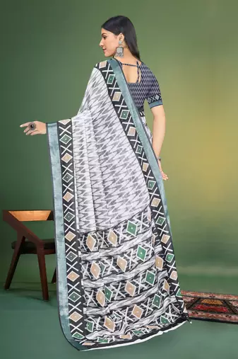 White Digital Printed Saree With Blouse Piece 