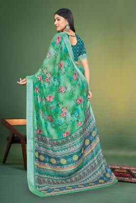  Green Digital Printed Saree With Blouse Piece  5