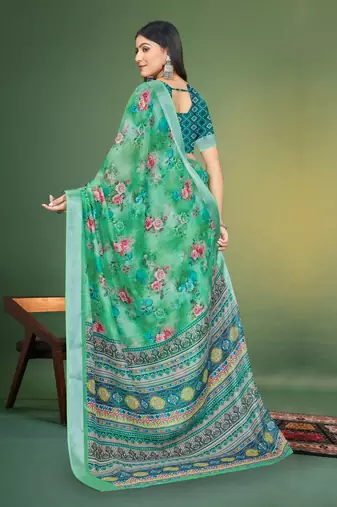  Green Digital Printed Saree With Blouse Piece 