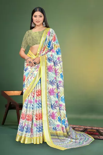  Perrot Green Digital Printed Saree With Blouse Piece 
