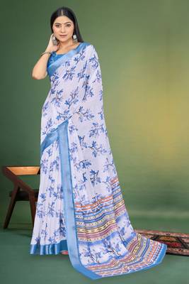  White and Blue Digital Printed Saree With Blouse Piece  3
