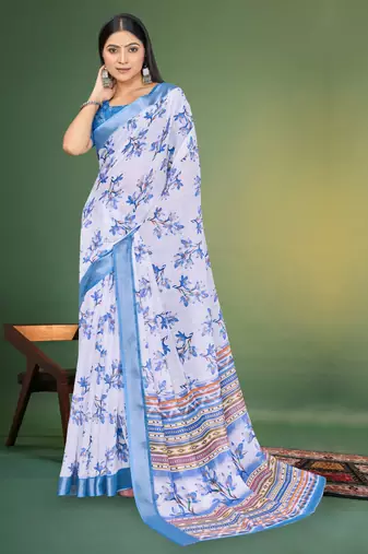  White and Blue Digital Printed Saree With Blouse Piece 