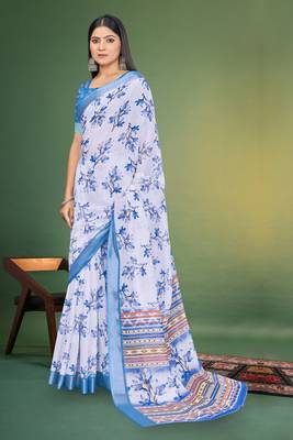  White and Blue Digital Printed Saree With Blouse Piece  4