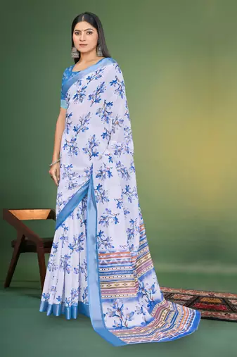  White and Blue Digital Printed Saree With Blouse Piece 