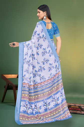  White and Blue Digital Printed Saree With Blouse Piece 