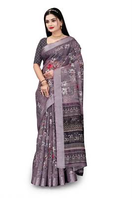  Multi Cotton Linen Floral Digital Printed Saree 1
