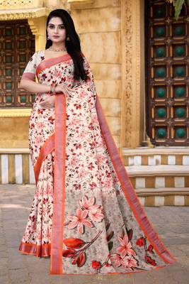  Multi Cotton Linen Floral Digital Printed Saree 1
