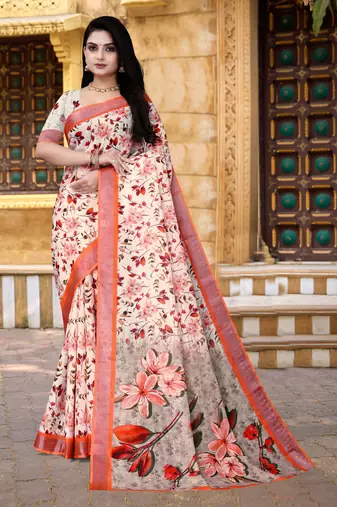  Multi Cotton Linen Floral Digital Printed Saree