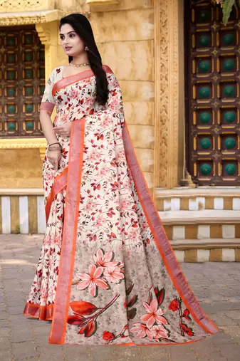  Multi Cotton Linen Floral Digital Printed Saree