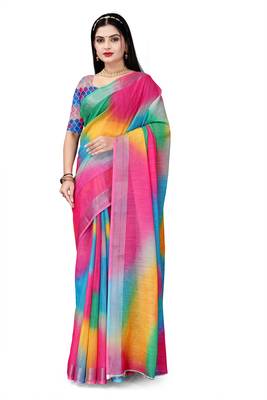  Multi Cotton Linen Digital Printed Saree 2