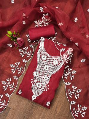 Red powder organza suit set with intricate white thread embroidery 1