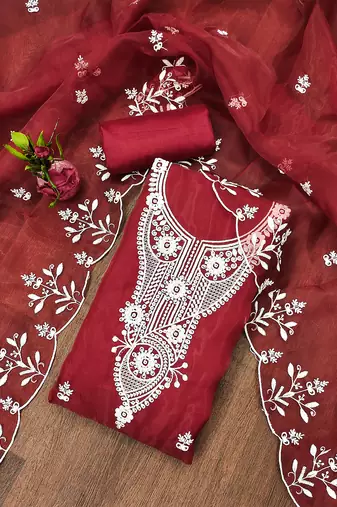 Red powder organza suit set with intricate white thread embroidery