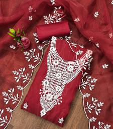 Red powder organza suit set with intricate white thread embroidery