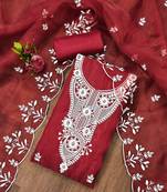 Red powder organza suit set with intricate white thread embroidery