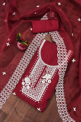 Red Floral embroidered organza suit set with lace detailing