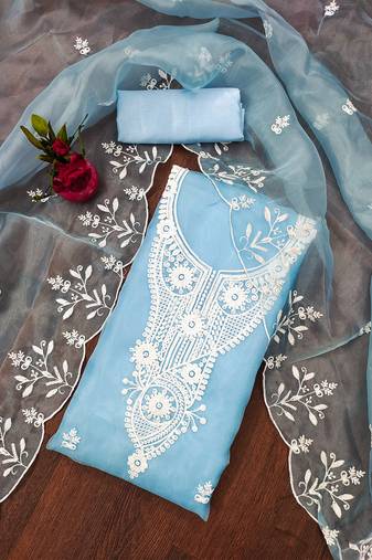 Blue powder organza suit set with intricate white thread embroidery