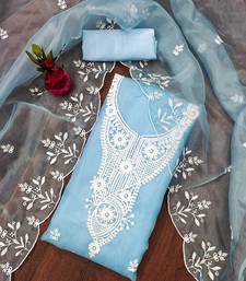 Blue powder organza suit set with intricate white thread embroidery