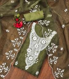 mehendi powder organza suit set with intricate white thread embroidery