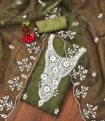 mehendi powder organza suit set with intricate white thread embroidery