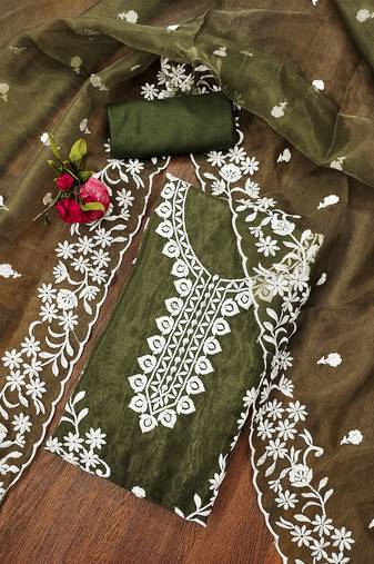Olive Green Graceful organza embroidered suit set with matching dupatta