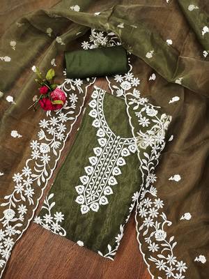 Olive Green Graceful organza embroidered suit set with matching dupatta 1