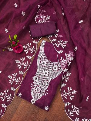 Wine powder organza suit set with intricate white thread embroidery 1