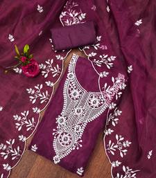 Wine powder organza suit set with intricate white thread embroidery