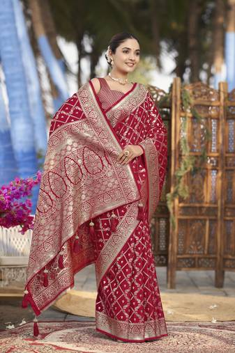 red banarasi satin silk jacquard woven saree with blouse piece