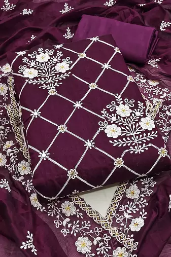 Wine chanderi cotton dress material with white embroidery & floral lace dupatta