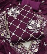 Wine chanderi cotton dress material with white embroidery & floral lace dupatta