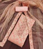 Peach Graceful jacquard dress material with handwork & organza lace dupatta