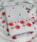 Grey Charming chanderi cotton dress material with floral embroidery & lace detailing