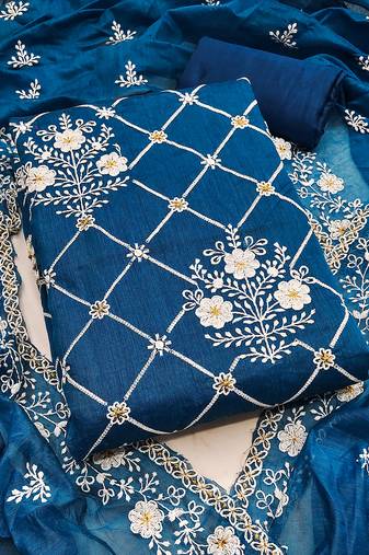 Indigo Blue chanderi cotton dress material with white embroidery & floral lace dupatta