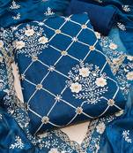 Indigo Blue chanderi cotton dress material with white embroidery & floral lace dupatta