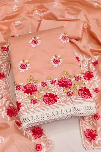 Peach Charming chanderi cotton dress material with floral embroidery & lace detailing