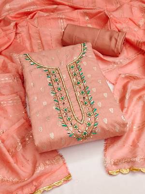 jacquard suit set with embroidered neck & soft cotton dupatta 1