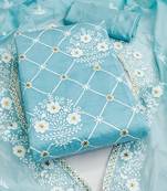 Blue chanderi cotton dress material with white embroidery & floral lace dupatta