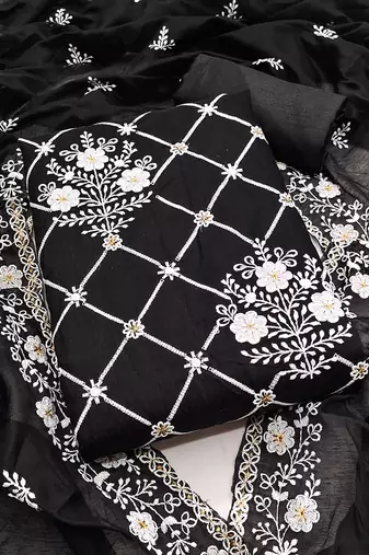 Black chanderi cotton dress material with white embroidery & floral lace dupatta
