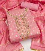 jacquard suit set with embroidered neck & soft cotton dupatta
