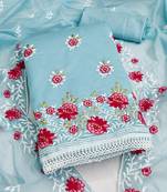 Sky Blue Charming chanderi cotton dress material with floral embroidery & lace detailing
